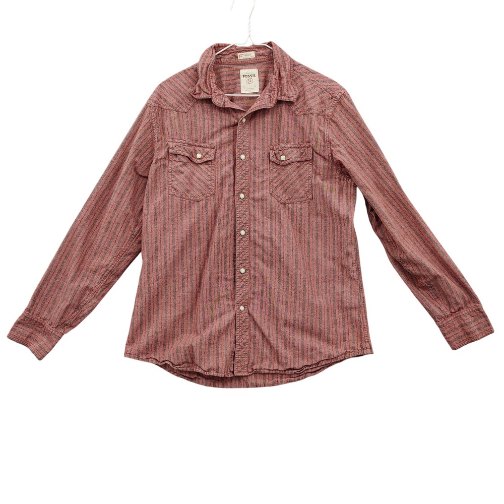 Fossil Mens Western Americana Vintage Fit Pearl Snap Top L Salmon Striped Luxe